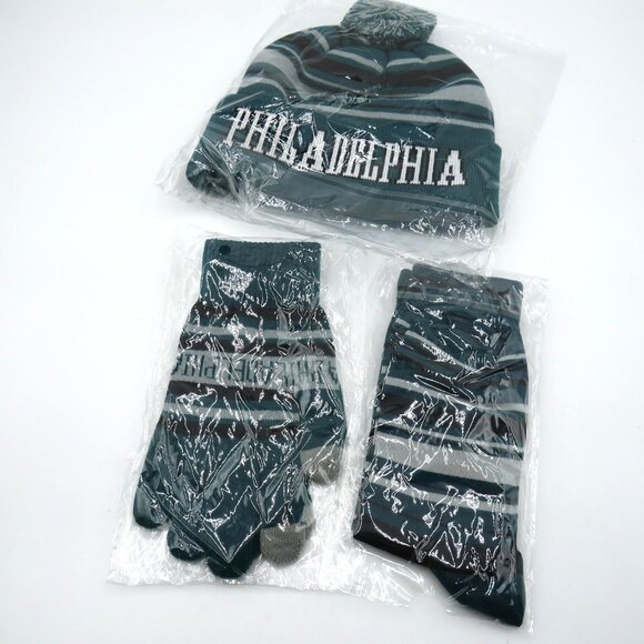 Philadelphia Winter Knit Beanie Hat Gloves Scarf Set Green Gray Striped Pom Mens - Picture 2 of 5